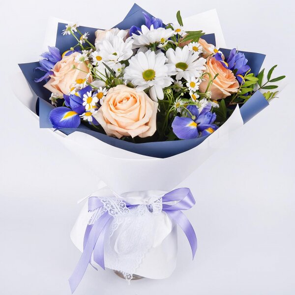 Irises - 7, Rose Cream 50 cm - 5, Bacardi White Spray Chrysanthemum - 2, Gypsophila - 2, Pistachio, Wrapping Paper