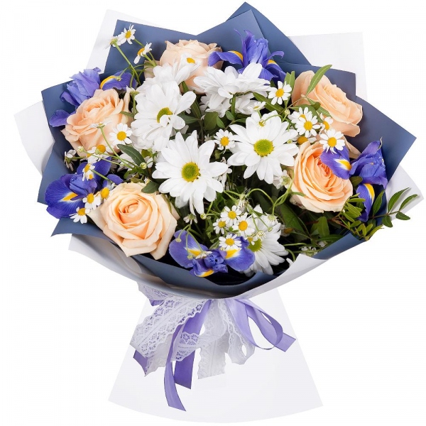 Irises - 7, Rose Cream 50 cm - 5, Bacardi White Spray Chrysanthemum - 2, Gypsophila - 2, Pistachio, Wrapping Paper