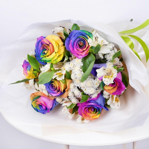 Rainbow rose - 7, Alstromeria white, soft pink - 7, Athos poms Stallion - 5, Wrapping Paper, Ribbon