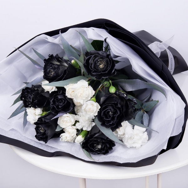Rose black - 9, White spray carnation - 8, Eucalyptus, Wrapping Paper