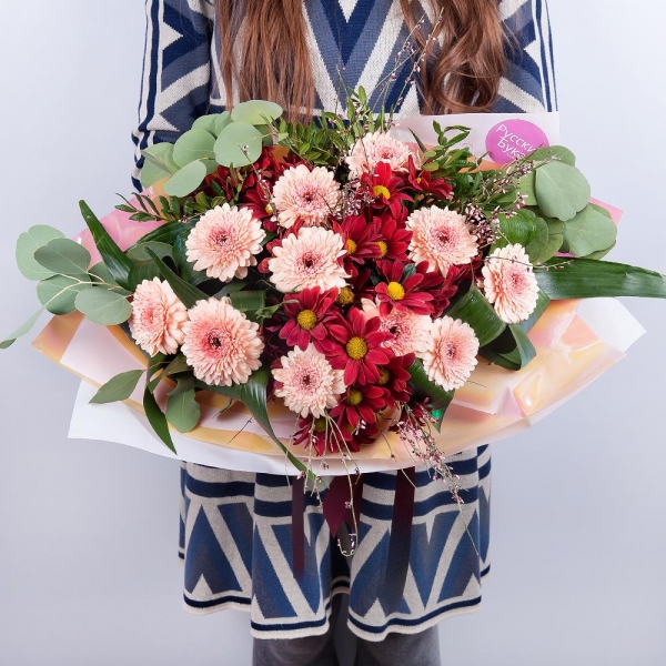 Gerbera pink - 13, Bacardi Red Spray Chrysanthemum - 5, Aspidistra (1 pc.), Eucalyptus Cinerea, Pistachio, Genista, Wrapping Paper, Ribbon