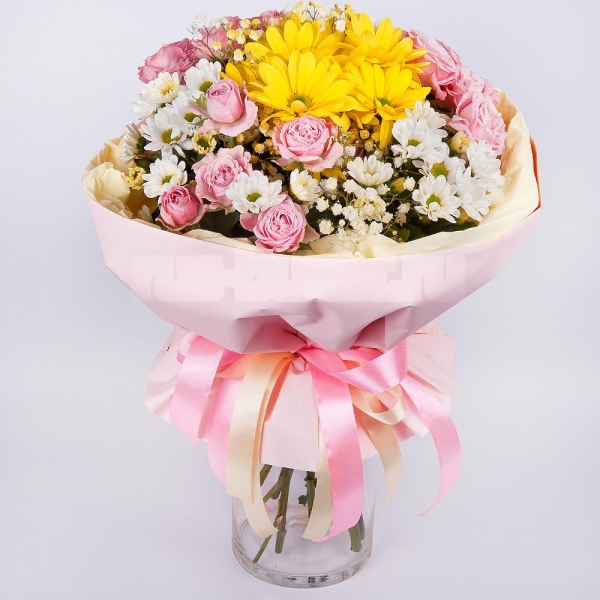 Peony sprayrose - 4, Bacardi Yellow Spray Chrysanthemum - 3, Santini White Spray Chrysanthemum - 4, Gypsophila - 1, Wrapping Paper, Ribbon
