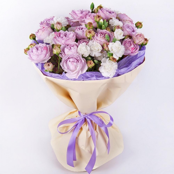 Peony sprayrose - 9, Alstromeria white, soft pink - 10, Wrapping Paper, Ribbon