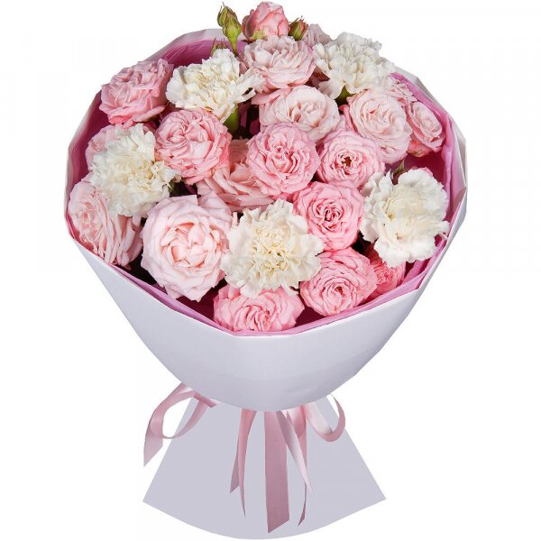 Peony sprayrose - 9, Alstromeria white, soft pink - 10, Wrapping Paper, Ribbon