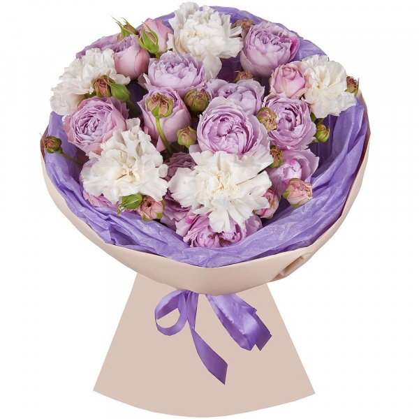 Peony sprayrose - 9, Alstromeria white, soft pink - 10, Wrapping Paper, Ribbon