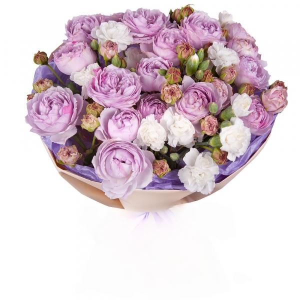 Peony sprayrose - 9, Alstromeria white, soft pink - 10, Wrapping Paper, Ribbon