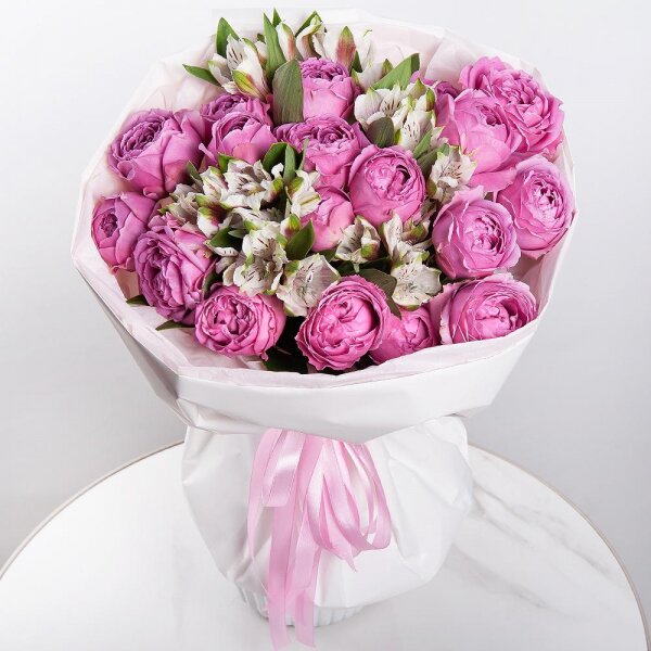 Peony sprayrose - 9, Alstromeria white, soft pink - 10, Wrapping Paper, Ribbon