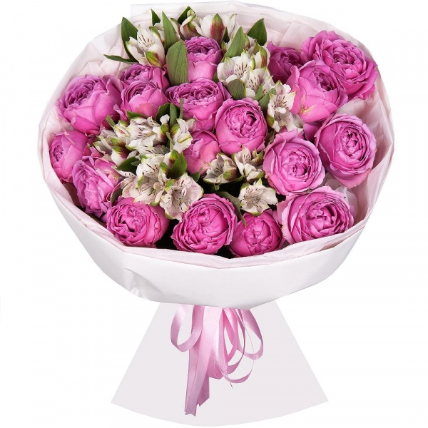 Peony sprayrose - 9, Alstromeria white, soft pink - 10, Wrapping Paper, Ribbon