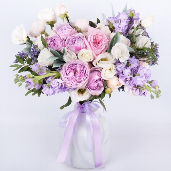 Peony rose pink 'OHara' - 1, Spray peony rose Lavander, 50 cm - 2, Spray rose: white, cream, light pink 50 cm - 8, lisianthus - 2, Matthiola Lilac - 5, Limonium (1 pc.), Ruscus, Pistachio, Ribbon