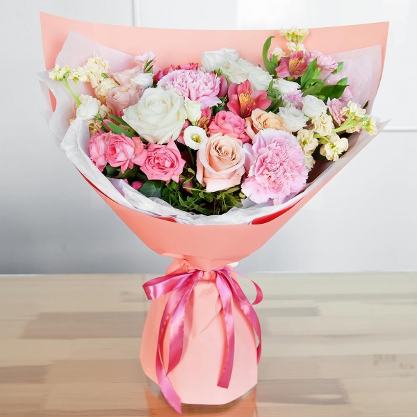 Rose Cream 50 cm - 6, White rose 50 cm - 5, lisianthus - 3, Pink carnation - 6, Alstromeria white, soft pink - 5, Spray rose: white, cream, light pink 50 cm - 3, White Matthiola - 5, Pink spray carnation - 4, Pistachio, Wrapping Paper