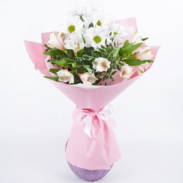 Bacardi White Spray Chrysanthemum - 2, Alstromeria white, soft pink - 4, Pistachio, Wrapping Paper, Ribbon