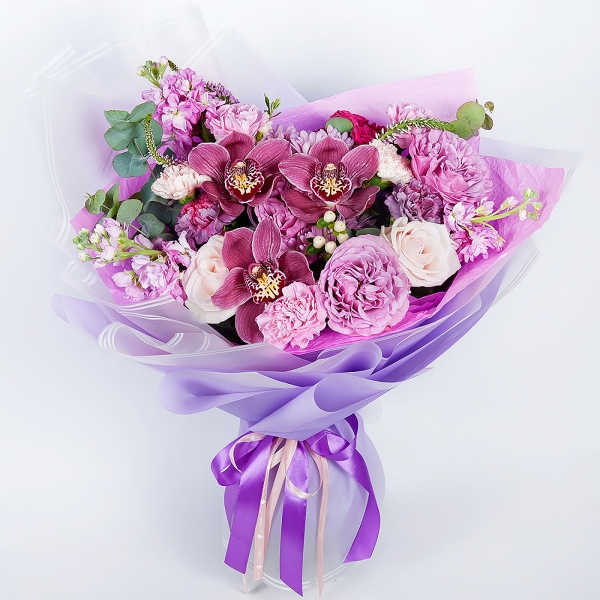 Pink Cymbidium Orchid Bud - 3, Pink rose 50 cm - 4, Rose Purple 50 cm Ecuador (Deep Water, Deep Purple, Moody Blue) - 3, Bright pink spray rose mix, 50 cm - 2, Pink Matthiola - 3, Carnation white, cream - 3, Bacardi Pink Spray Chrysanthemum - 3, Lilac carnation - 2, Pink carnation - 4, Flask for orchids, Eucalyptus Cinerea, Veronica spray, Hypericum, Wrapping Paper