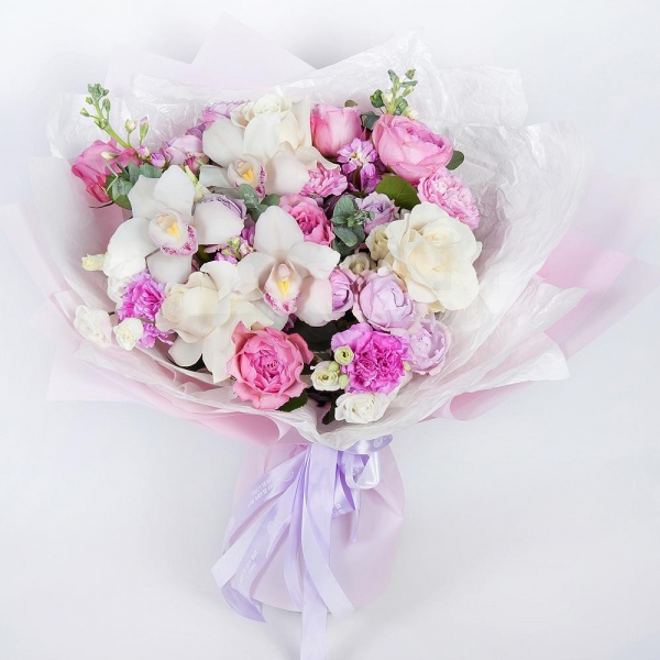 White rose 50 cm Ecuador - 4, Pink rose 50 cm - 7, Spray peony rose Lavander, 50 cm - 3, Pink carnation - 3, Matthiola Lilac - 4, White Cymbidium Orchid Bud - 3, lisianthus - 2, Lilac carnation - 3, Flask for orchids, Eucalyptus Cinerea, Wrapping Paper