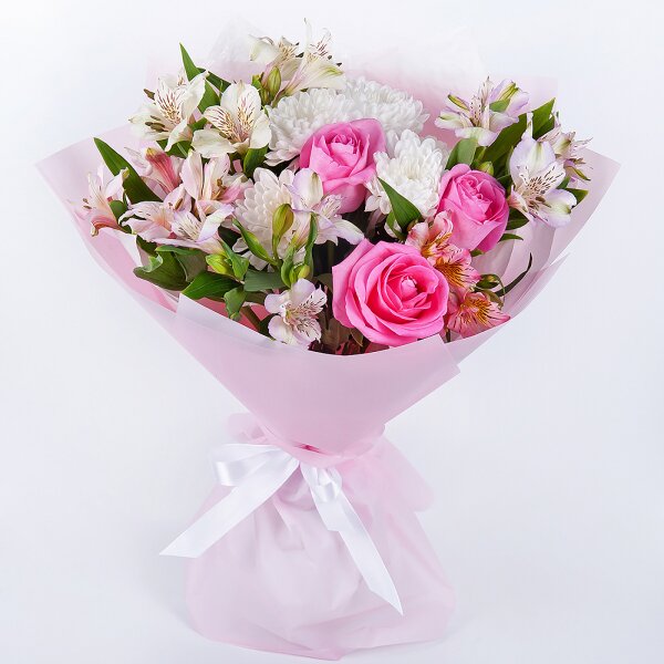 Alstromeria white, soft pink - 4, Baltica White Spray Chrysanthemum - 2, Pink rose 50 cm - 5, Wrapping Paper