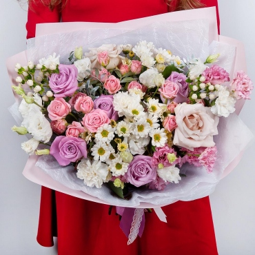 lisianthus - 4, Santini White Spray Chrysanthemum - 3, Pink rose 50 cm - 5, Rose Powder 50 cm Ecuador (Quicksand, Menta) - 2, Carnations - 3, Spray rose 50 cm (multiple small blooms on a stem) - 3, Hypericum, Pistachio, Wrapping Paper, Ribbon, Lace