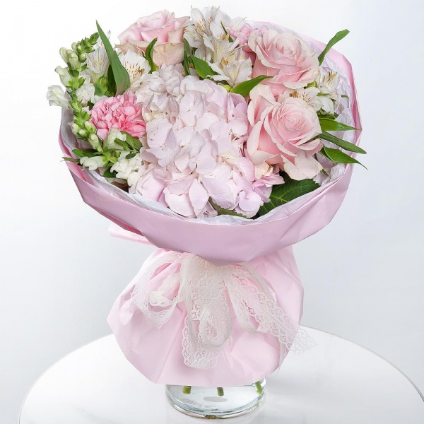 Pink Hydrangea - 1, Alstromeria white, soft pink - 4, White Matthiola - 2, Pink rose 50 cm - 5, Pink carnation - 2, Pistachio, Wrapping Paper