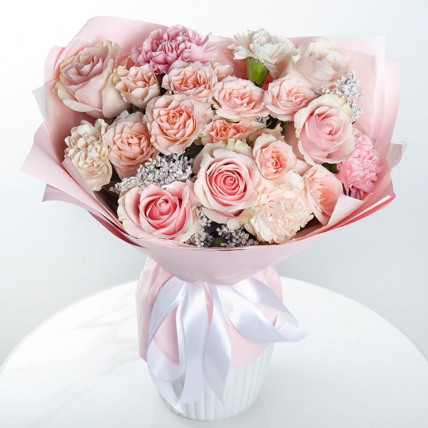 Bright pink spray rose mix, 50 cm - 3, Pink rose 50 cm - 7, Carnation white, cream - 4, Pink carnation - 5, Solidago (1 pc.), Wrapping Paper