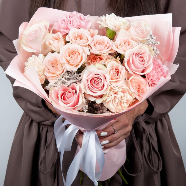 Bright pink spray rose mix, 50 cm - 4, Pink rose 50 cm - 9, Carnation white, cream - 5, Pink carnation - 5, Solidago (1 pc.), Wrapping Paper