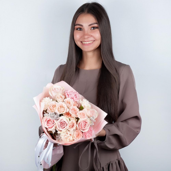 Bright pink spray rose mix, 50 cm - 4, Pink rose 50 cm - 9, Carnation white, cream - 5, Pink carnation - 5, Solidago (1 pc.), Wrapping Paper