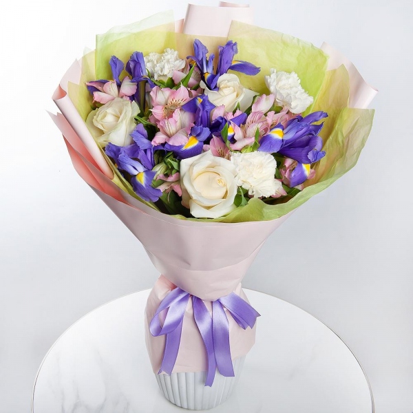 Irises - 6, White rose 50 cm - 7, Alstromeria white, soft pink - 5, Carnation white, cream - 5, Wrapping Paper
