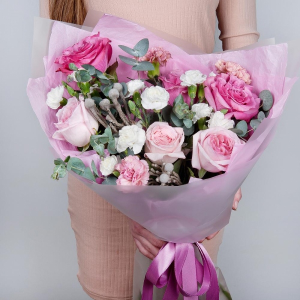 Peony rose pink 'OHara' - 3, Pink rose Country Blues 50 cm - 5, White spray carnation - 5, Pink carnation - 6, Brunia Green Lanuginosa (1 pc.), Eucalyptus, Wrapping Paper
