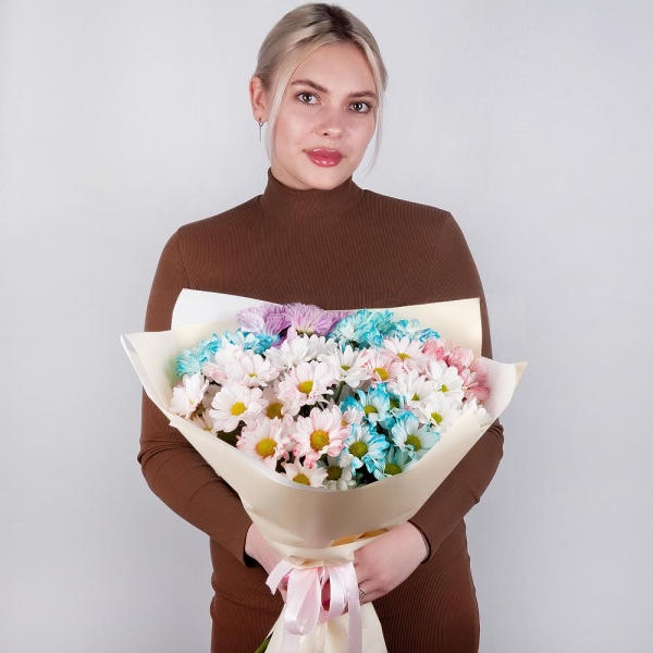 Chrysanthemum spray Bacardi dyed blue - 3, Bacardi White Spray Chrysanthemum - 4, Bacardi Pink Spray Chrysanthemum - 4, Wrapping Paper