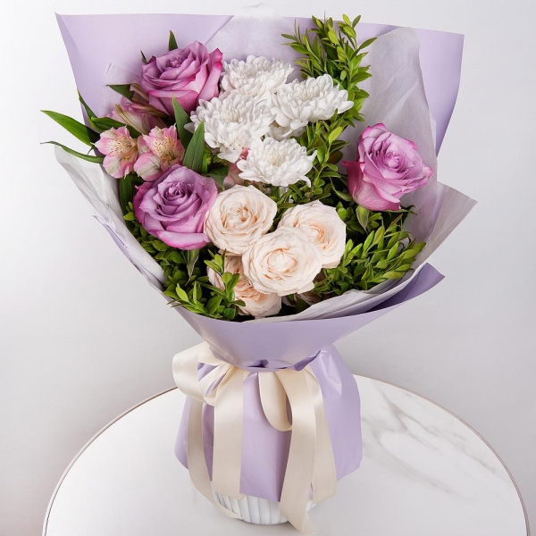 Deep Purple rose - 3, Baltica White Spray Chrysanthemum - 1, Alstromeria white, soft pink - 5, Spray rose: white, cream, light pink 50 cm - 2, Pistachio, Wrapping Paper