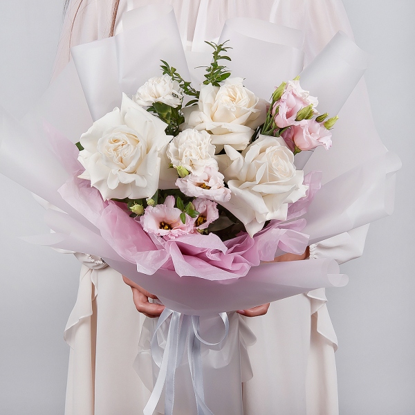 Carnation white, cream - 4, Pink Lisianthus (Eustoma) - 1, White rose 50 cm Ecuador - 5, Pistachio, Wrapping Paper
