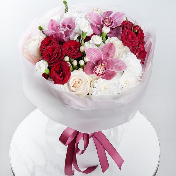 Pink Cymbidium Orchid Bud - 3, Spray rose: red 50 cm - 2, White spray carnation - 6, White rose 50 cm - 5, Baltica White Spray Chrysanthemum - 3, Flask for orchids, Veronica spray, Hypericum, Wrapping Paper