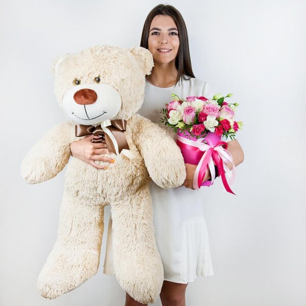 Pink rose 50 cm - 7, lisianthus - 3, Pink spray carnation - 3, Round flower box small , Oasis, Film, Pistachio, Ruscus, Ribbon, Teddy bear 70 cm